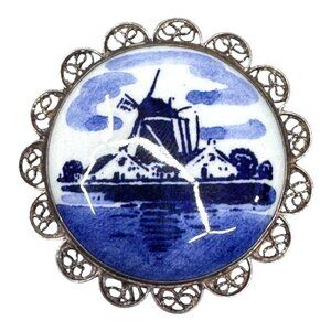 Vintage Delft Blue Windmill Landscape Brooch Silver Filigree Netherlands 925